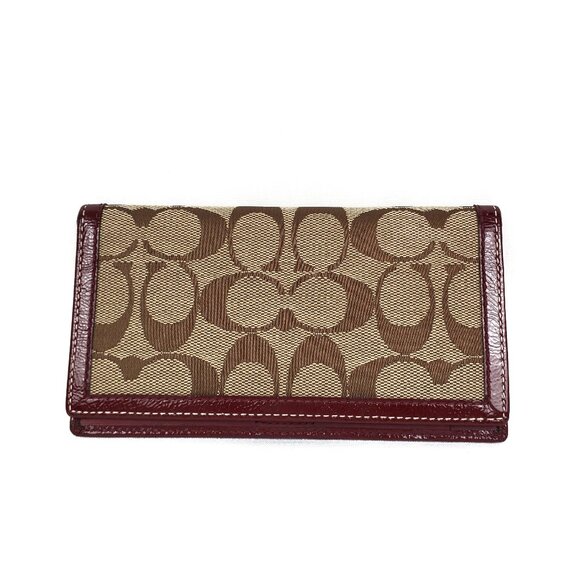 Coach Tan Signature Jacquard Patent Leather Trim Checkbook Holder Bifold Wallet - Picture 1 of 13